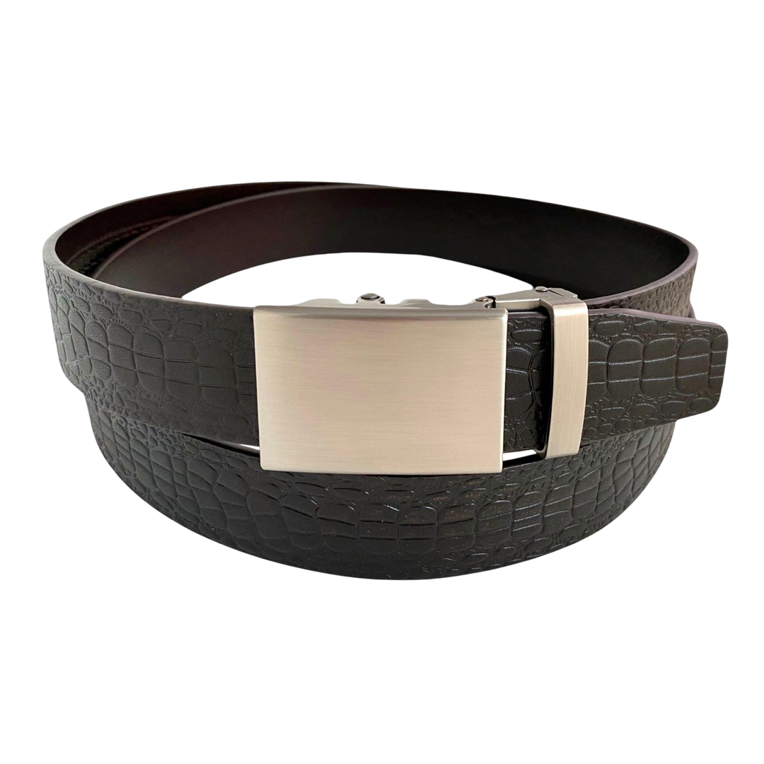 Dark brown croco leather ratchet belt with gunmetal rectangle buckle, front view