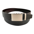 Dark brown croco leather ratchet belt with gunmetal rectangle buckle, front view