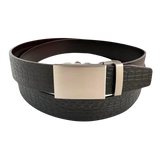 Dark brown croco leather ratchet belt with gunmetal rectangle buckle, front view