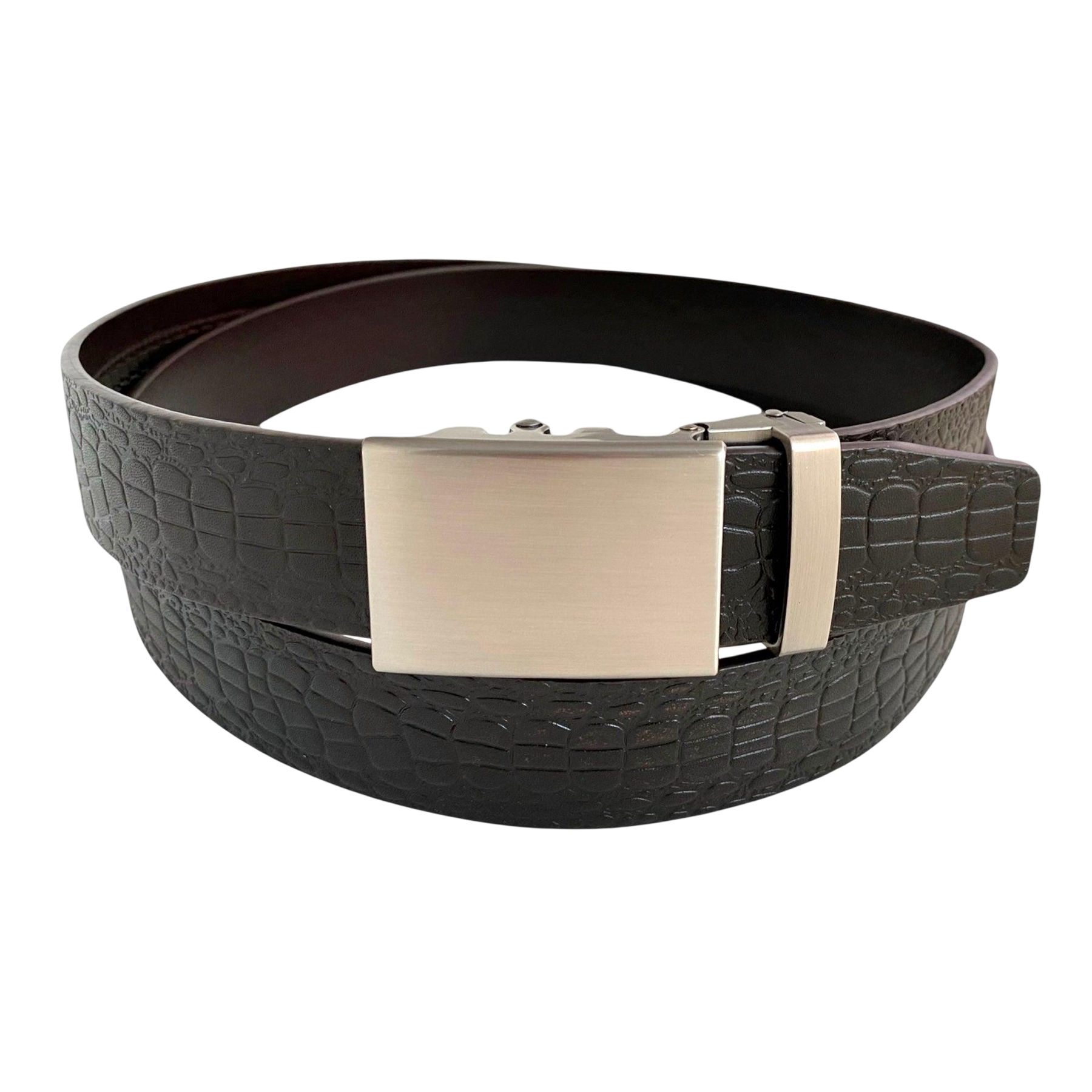 Dark brown croco leather ratchet belt with gunmetal rectangle buckle, front view