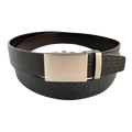 Dark brown croco leather ratchet belt with gunmetal rectangle buckle, front view