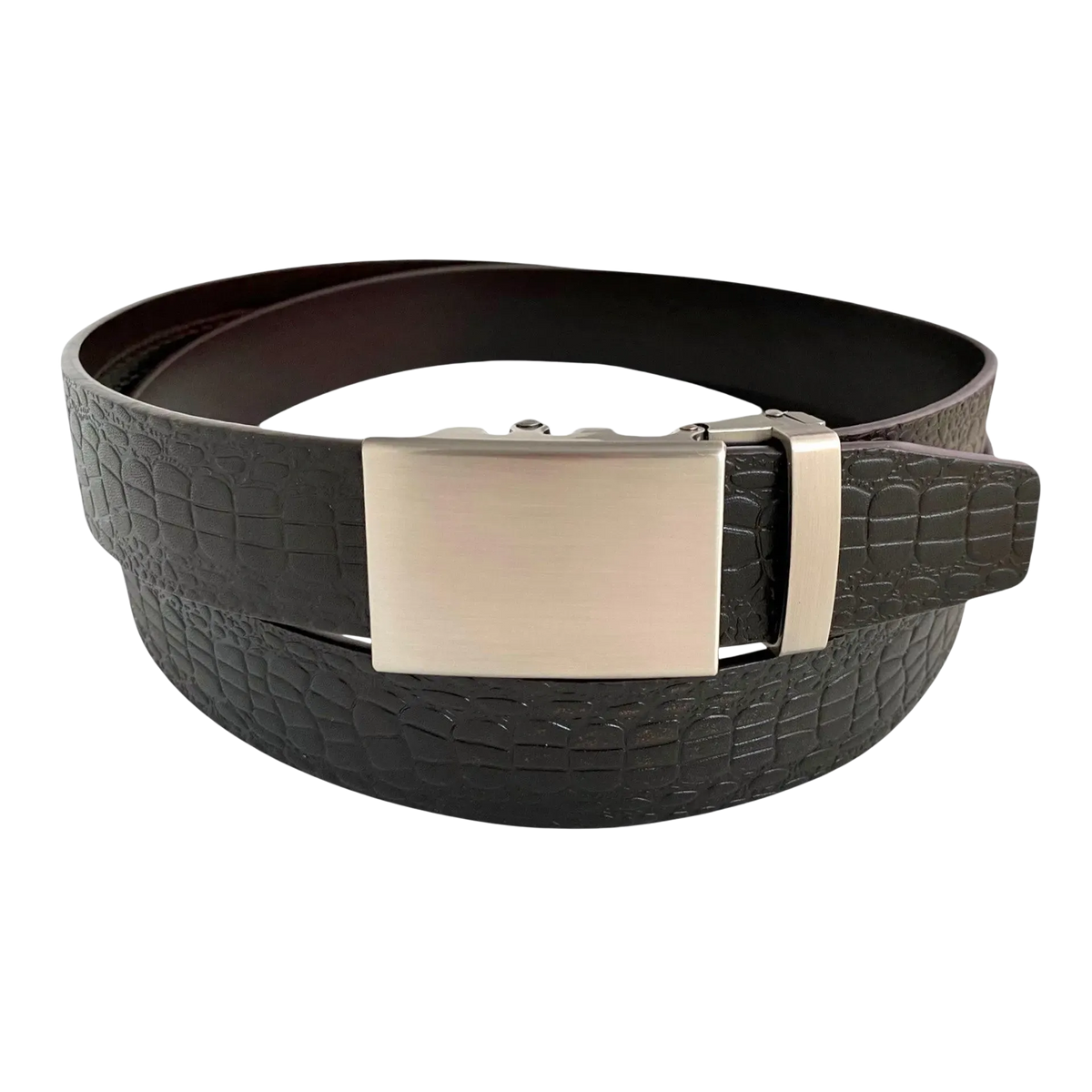 Dark brown croco leather ratchet belt with gunmetal rectangle buckle, front view