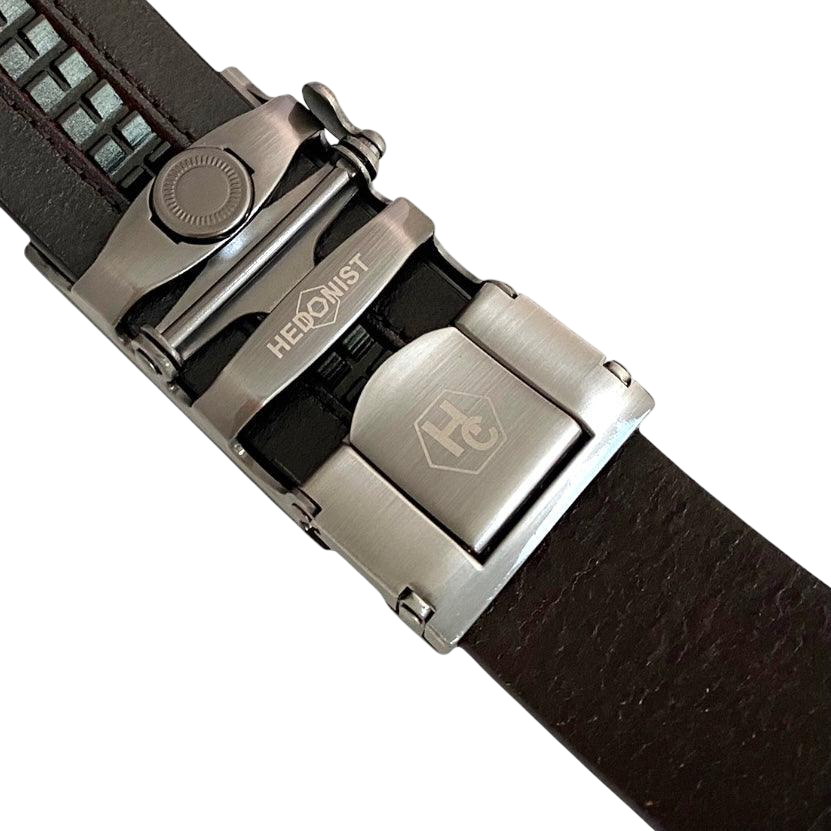 Dark brown croco leather ratchet belt with gunmetal rectangle buckle, hardware close-up
