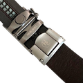 Dark brown croco leather ratchet belt with gunmetal rectangle buckle, hardware close-up