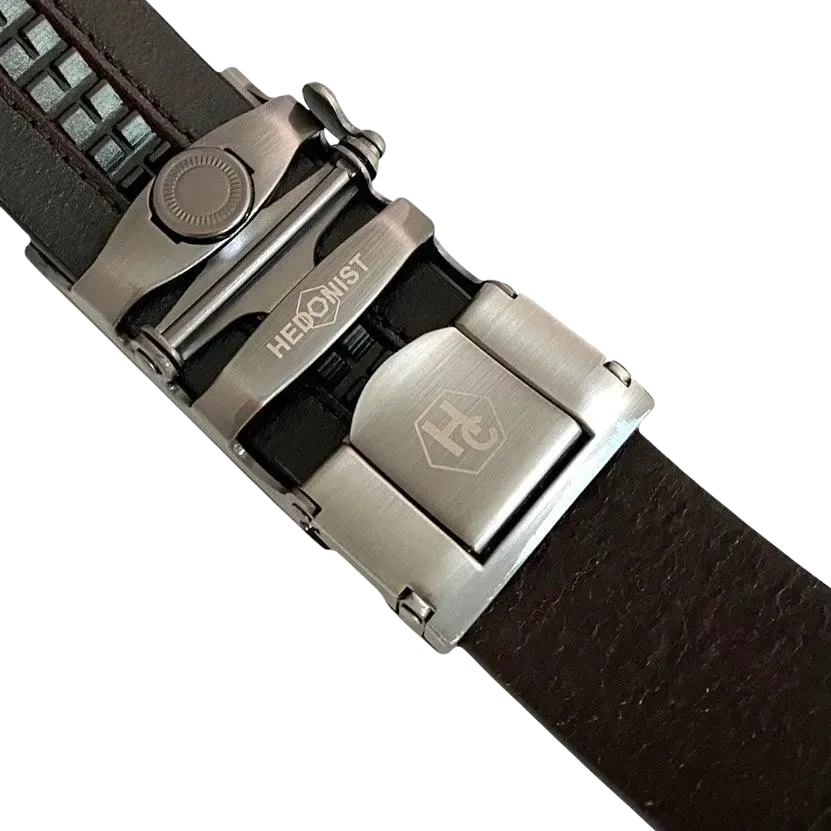 Dark brown croco leather ratchet belt with gunmetal rectangle buckle, hardware close-up