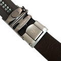 Dark brown croco leather ratchet belt with gunmetal rectangle buckle, hardware close-up