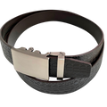 Dark brown croco leather ratchet belt, strap texture close-up detail