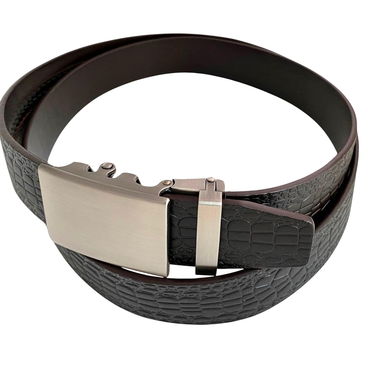 Dark brown croco leather ratchet belt, strap texture close-up detail