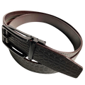 Dark brown croco leather ratchet belt with black hollow frame buckle, buckle detail close-up