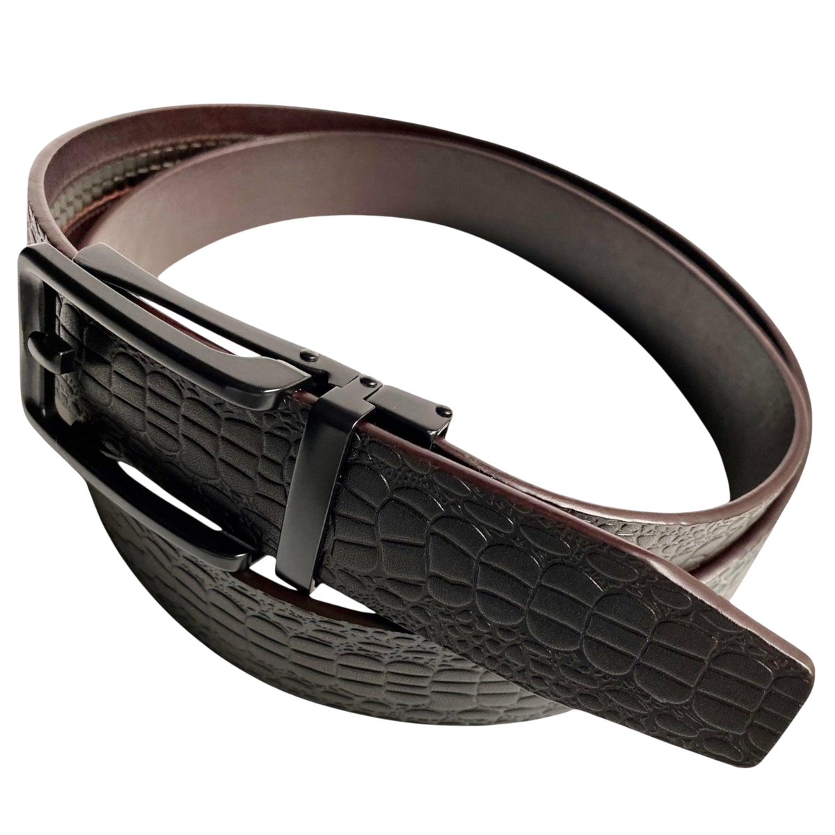 Dark brown croco leather ratchet belt with black hollow frame buckle, buckle detail close-up