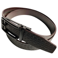 Dark brown croco leather ratchet belt with black hollow frame buckle, buckle detail close-up
