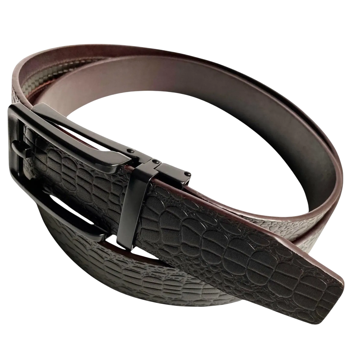 Dark brown croco leather ratchet belt with black hollow frame buckle, buckle detail close-up