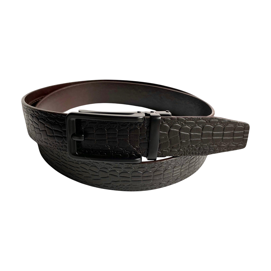 Dark brown croco leather ratchet belt with black hollow frame buckle, front view