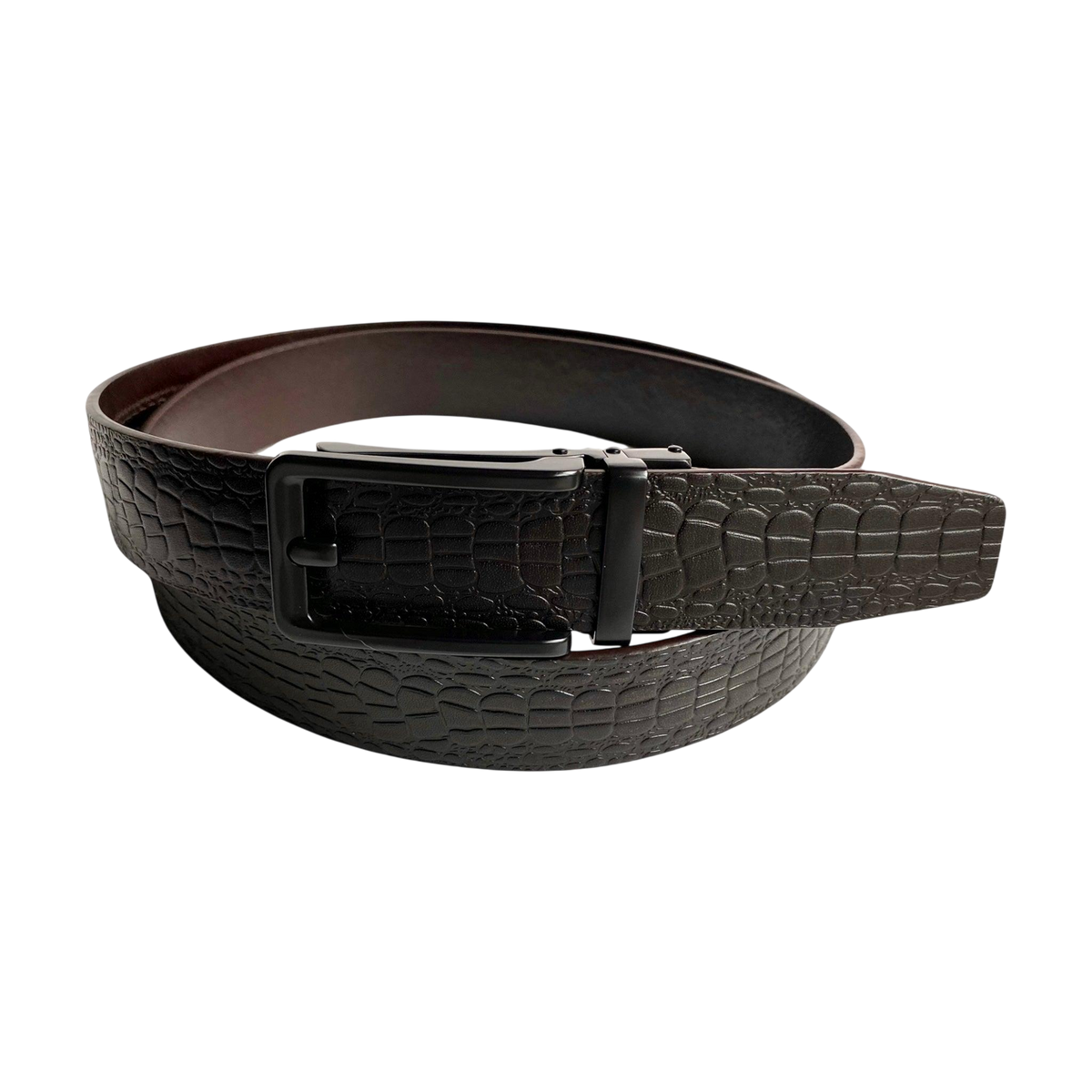Dark brown croco leather ratchet belt with black hollow frame buckle, front view
