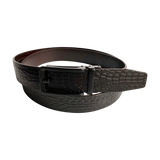Dark brown croco leather ratchet belt with black hollow frame buckle, front view