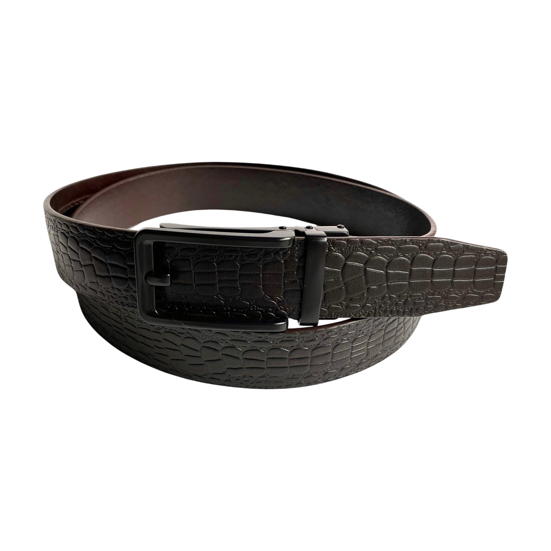 Dark brown croco leather ratchet belt with black hollow frame buckle, front view