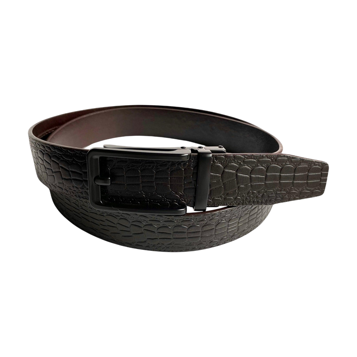 Dark brown croco leather ratchet belt with black hollow frame buckle, front view