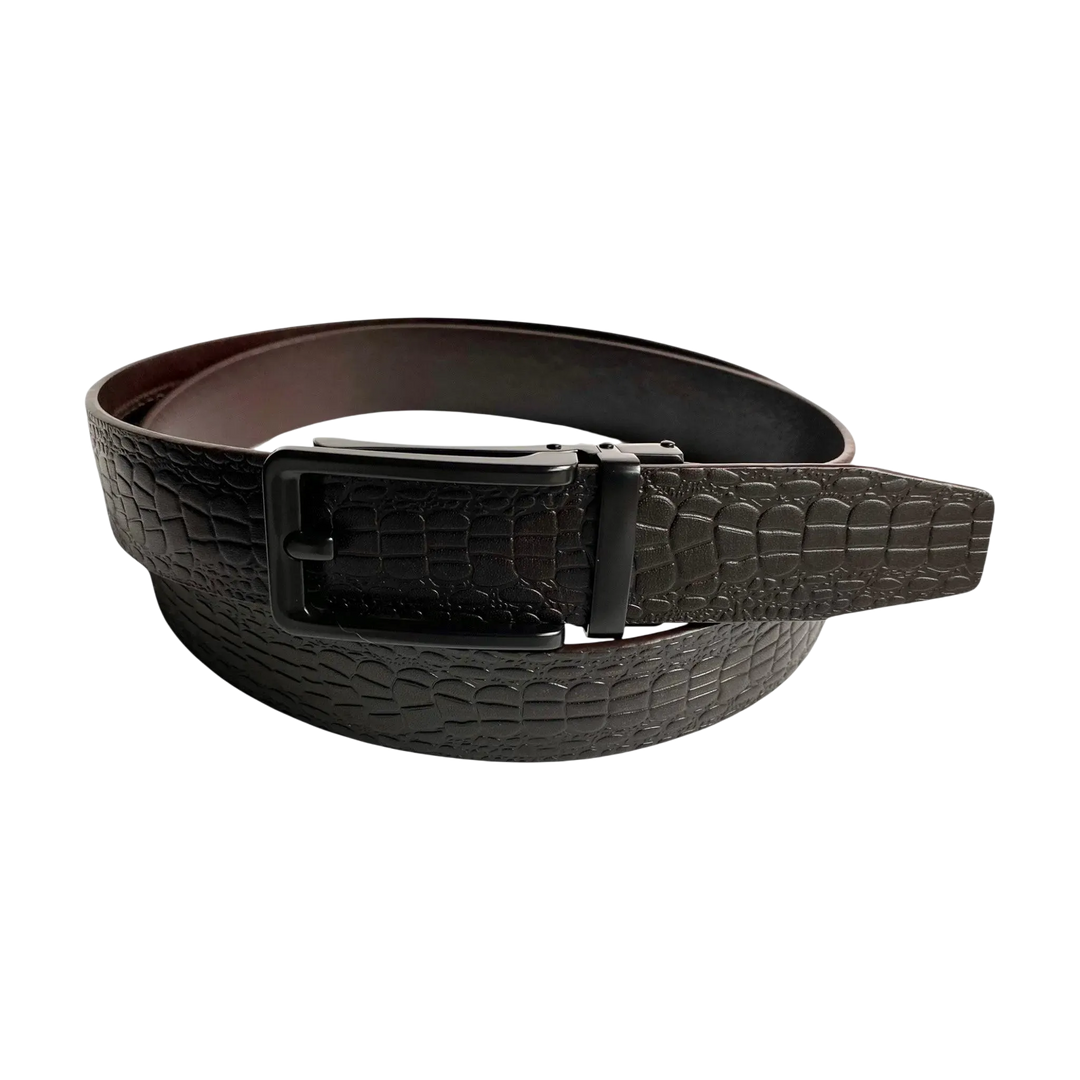 Dark brown croco leather ratchet belt with black hollow frame buckle, front view