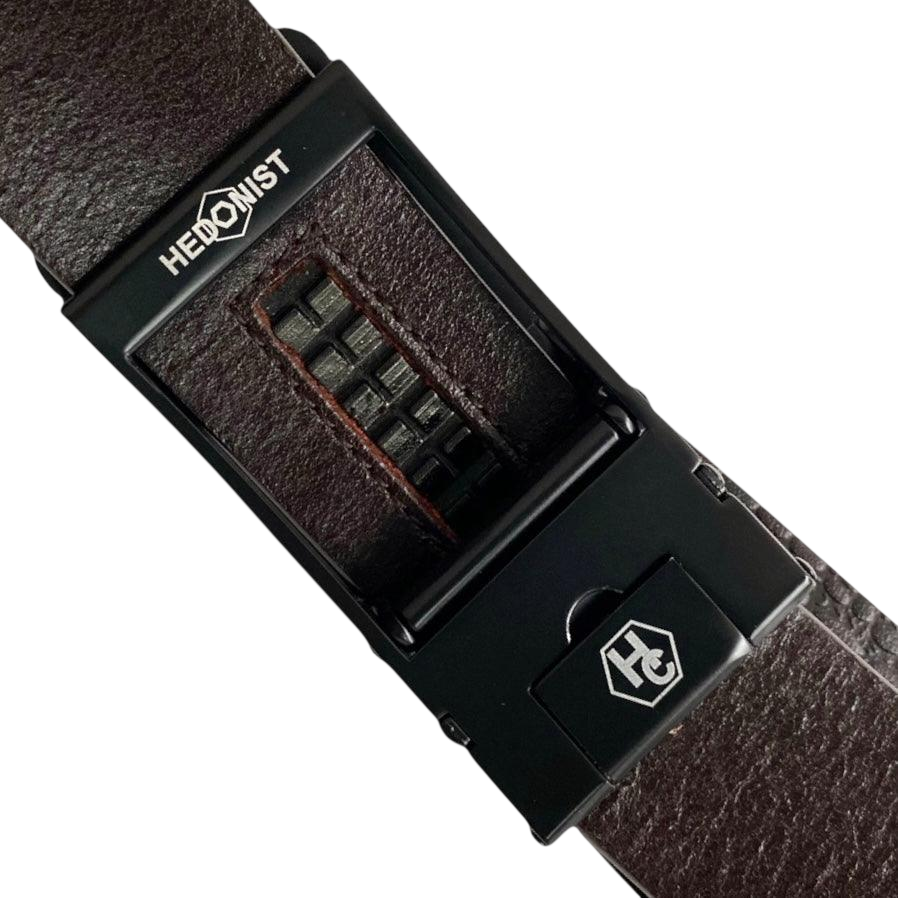 Dark brown croco leather ratchet belt with black hollow frame buckle, hardware close-up