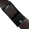 Dark brown croco leather ratchet belt with black hollow frame buckle, hardware close-up