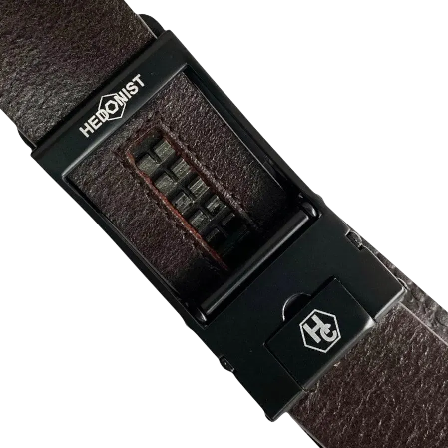Dark brown croco leather ratchet belt with black hollow frame buckle, hardware close-up