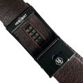 Dark brown croco leather ratchet belt with black hollow frame buckle, hardware close-up