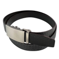 Dark brown croco leather ratchet belt with long gunmetal rectangle buckle, buckle detail close-up