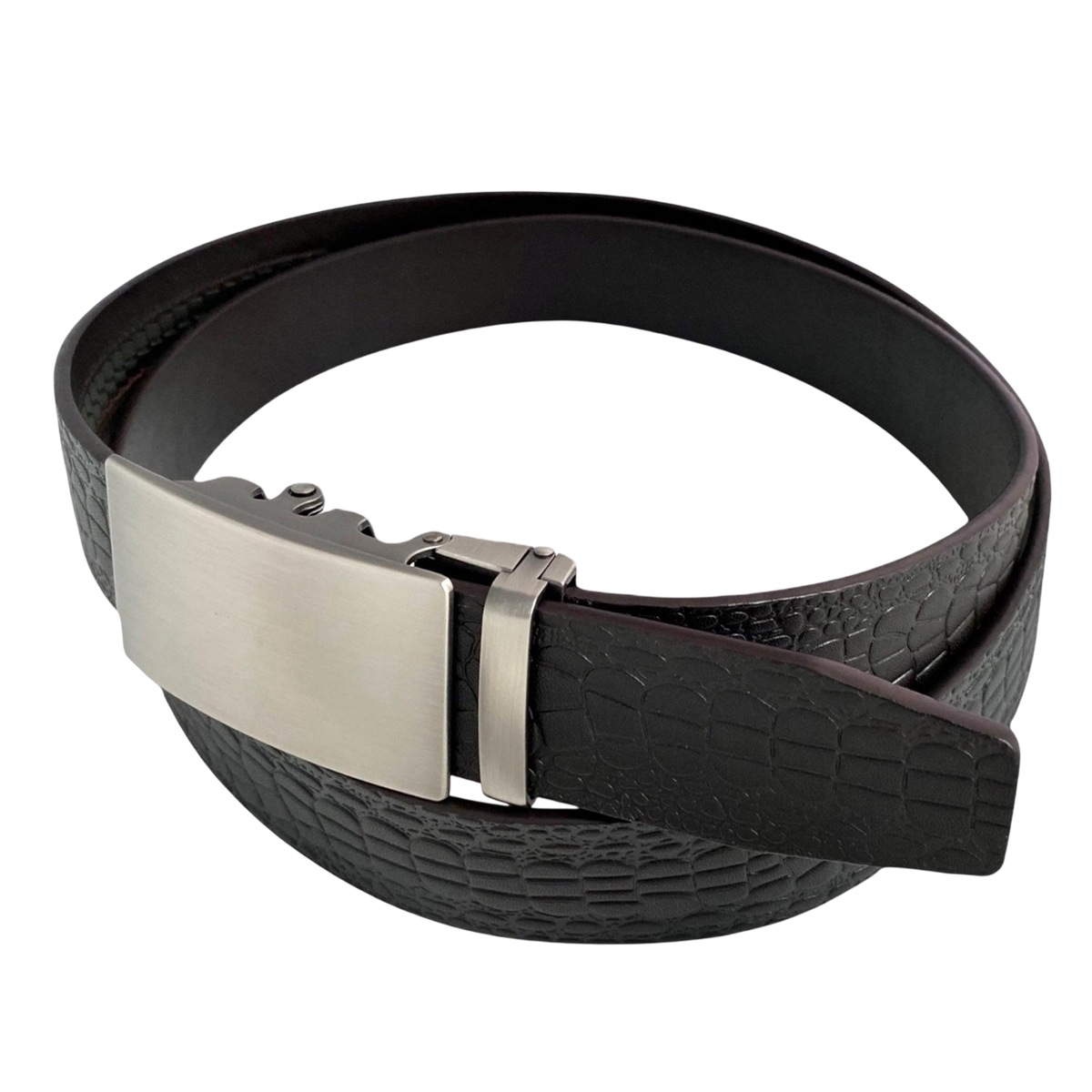 Dark brown croco leather ratchet belt with long gunmetal rectangle buckle, buckle detail close-up