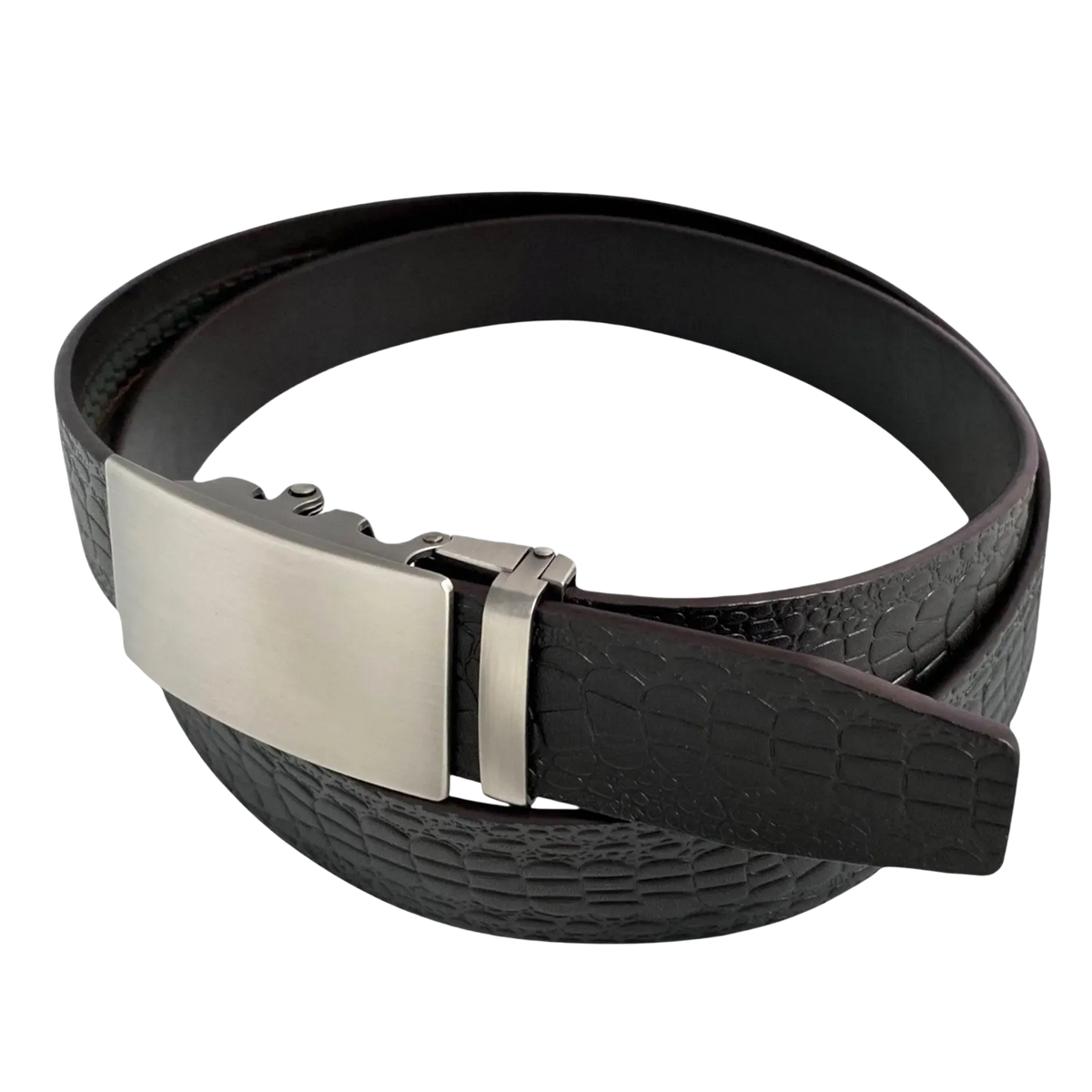 Dark brown croco leather ratchet belt with long gunmetal rectangle buckle, buckle detail close-up