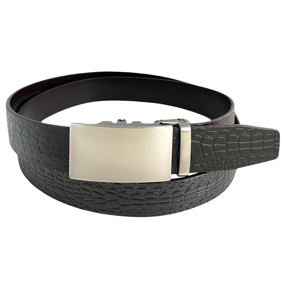 Dark brown croco leather ratchet belt with long gunmetal rectangle buckle, front view
