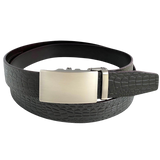 Dark brown croco leather ratchet belt with long gunmetal rectangle buckle, front view