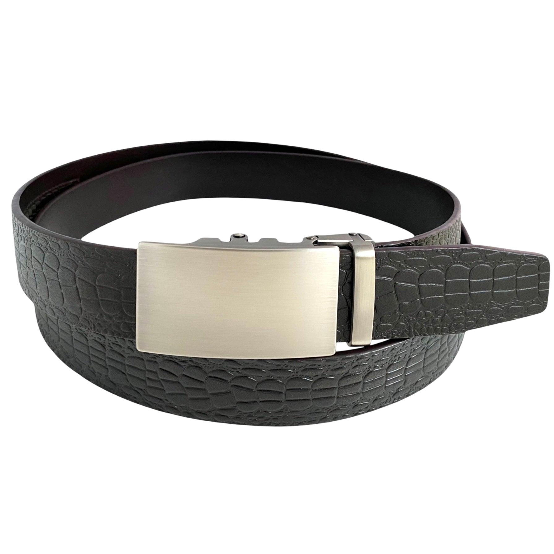 Dark brown croco leather ratchet belt with long gunmetal rectangle buckle, front view