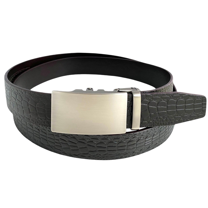 Dark brown croco leather ratchet belt with long gunmetal rectangle buckle, front view