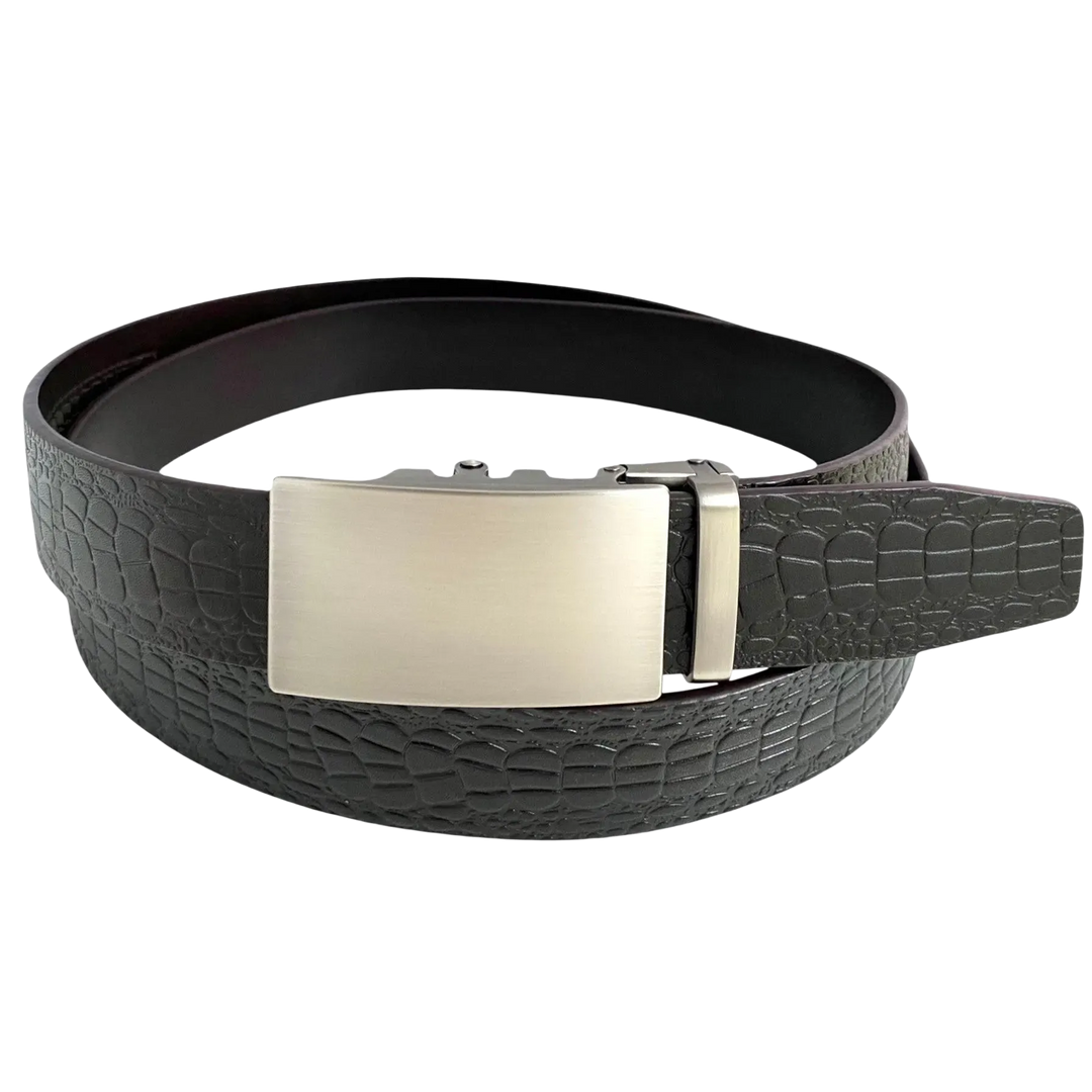 Dark brown croco leather ratchet belt with long gunmetal rectangle buckle, front view