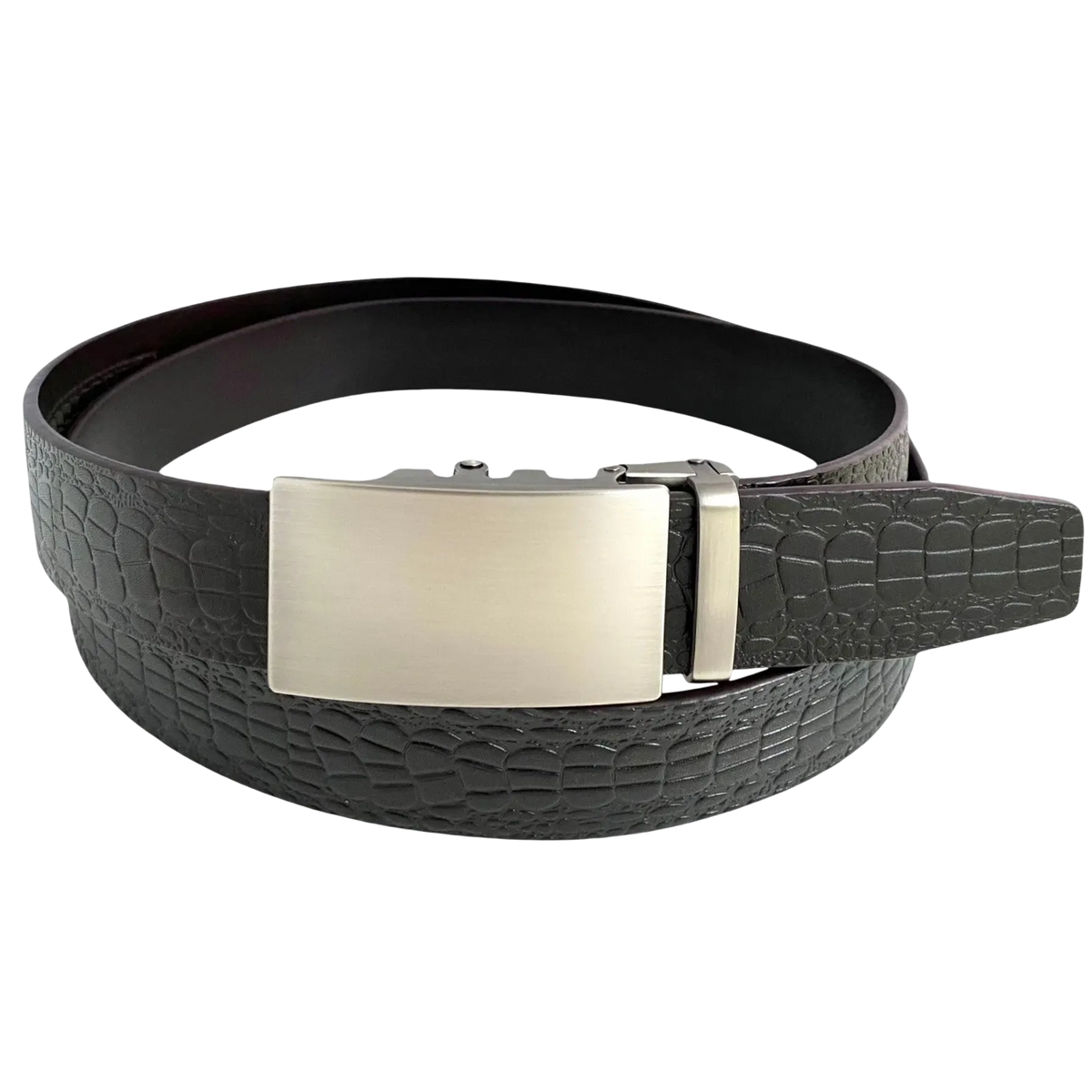 Dark brown croco leather ratchet belt with long gunmetal rectangle buckle, front view