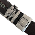 Dark brown croco leather ratchet belt with long gunmetal rectangle buckle, hardware close-up