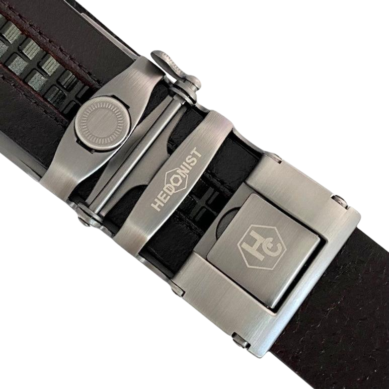 Dark brown croco leather ratchet belt with long gunmetal rectangle buckle, hardware close-up