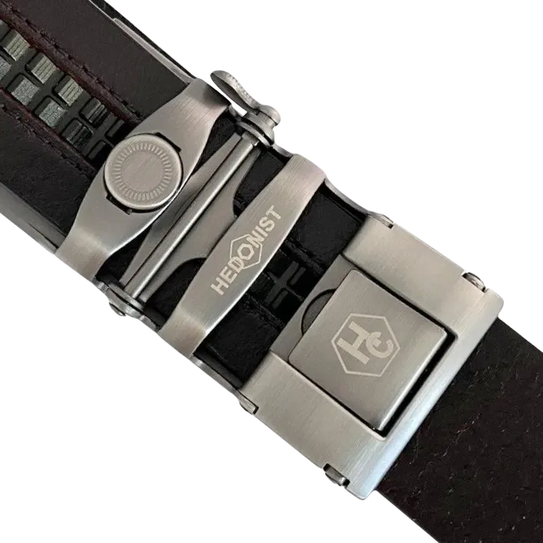 Dark brown croco leather ratchet belt with long gunmetal rectangle buckle, hardware close-up