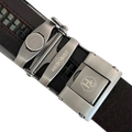 Dark brown croco leather ratchet belt with long gunmetal rectangle buckle, hardware close-up