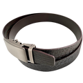 Dark brown croco leather ratchet belt with silver buckle, buckle detail close-up