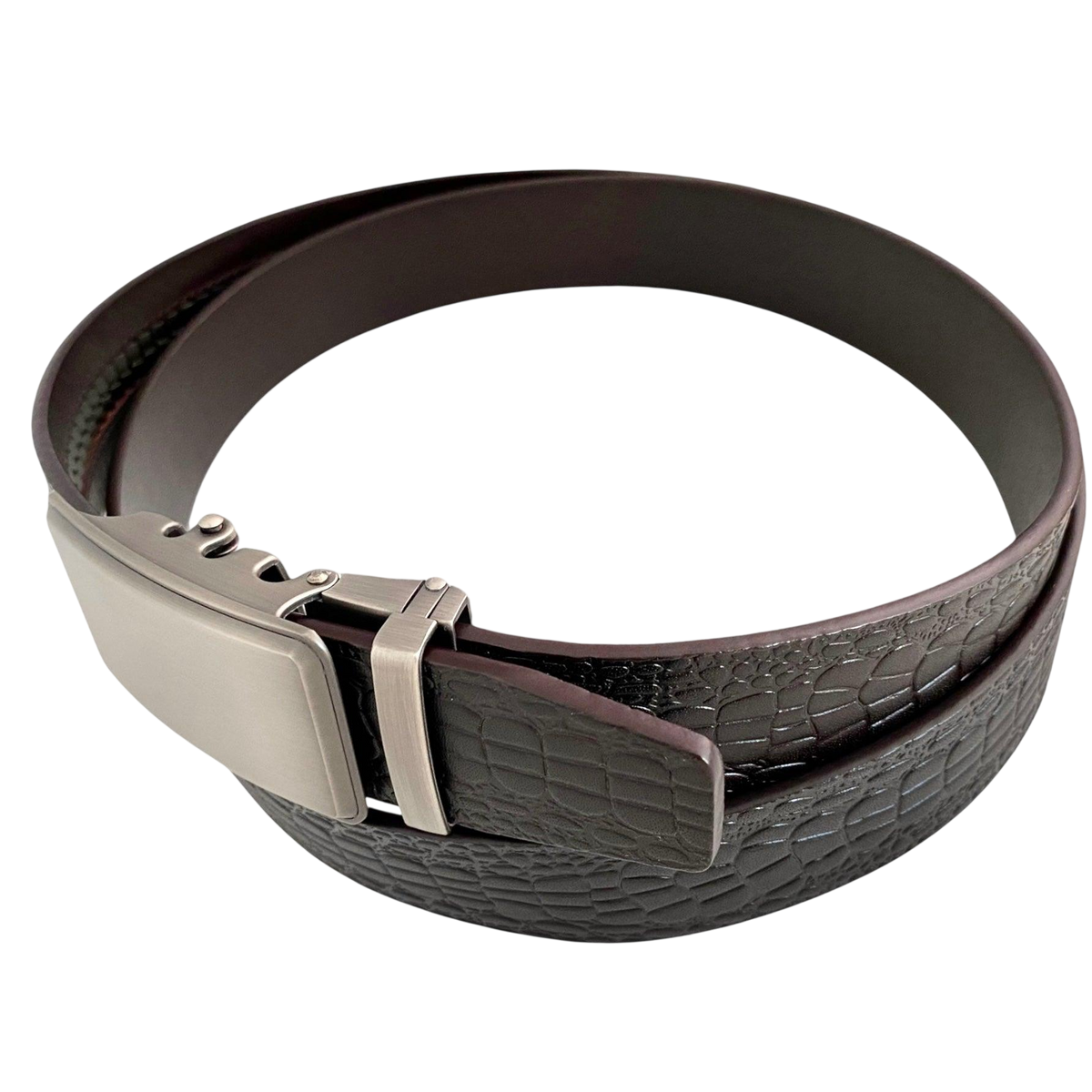 Dark brown croco leather ratchet belt with silver buckle, buckle detail close-up
