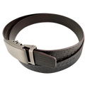 Dark brown croco leather ratchet belt with silver buckle, buckle detail close-up