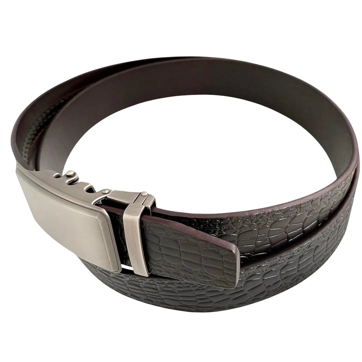 Dark brown croco leather ratchet belt with silver buckle, buckle detail close-up
