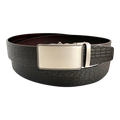 Dark brown croco leather ratchet belt with silver buckle, front view