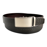 Dark brown croco leather ratchet belt with silver buckle, front view