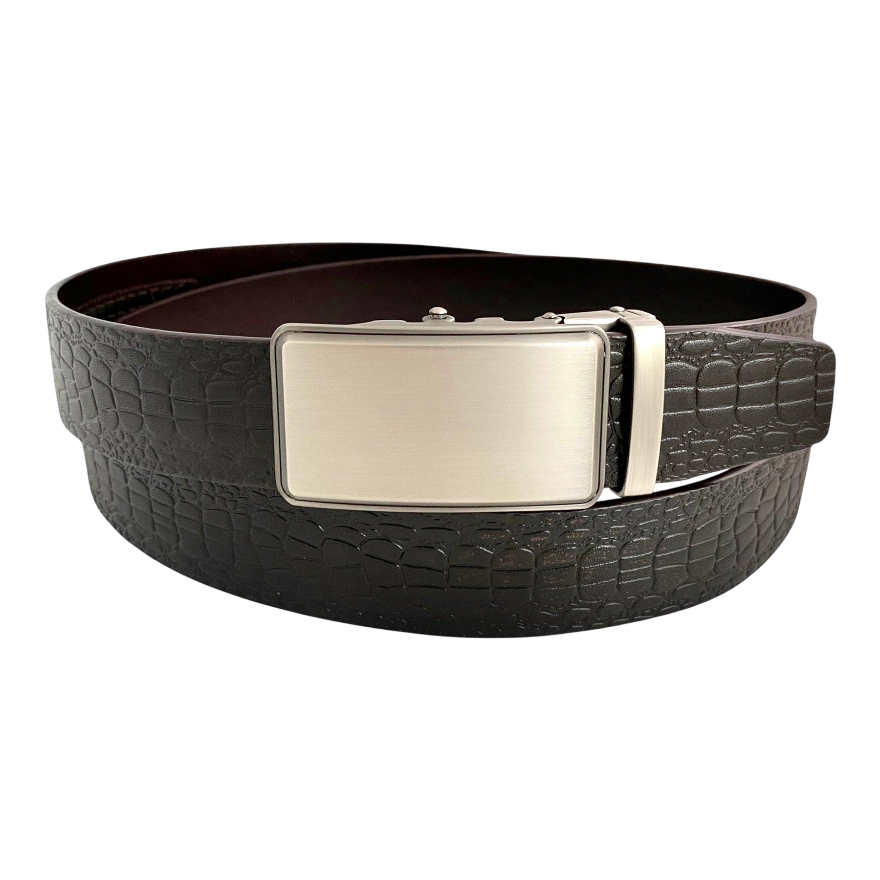 Dark brown croco leather ratchet belt with silver buckle, front view