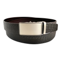 Dark brown croco leather ratchet belt with silver buckle, front view