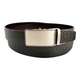 Dark brown croco leather ratchet belt with silver buckle, front view