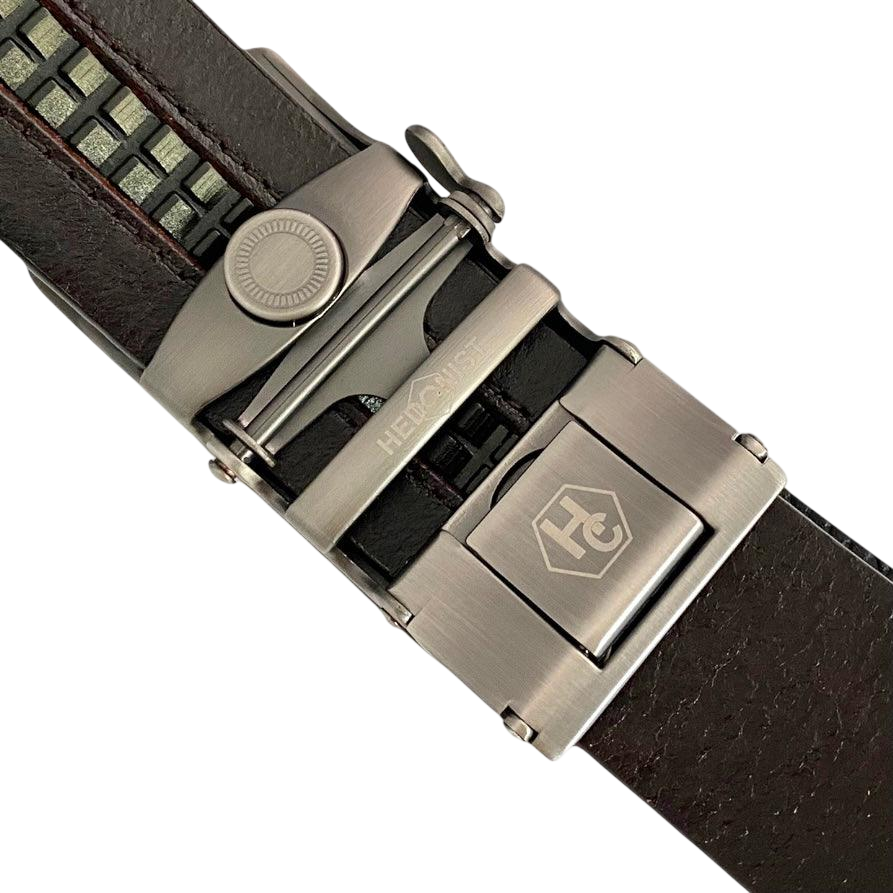 Dark brown croco leather ratchet belt with silver buckle, hardware close-up