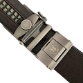 Dark brown croco leather ratchet belt with silver buckle, hardware close-up